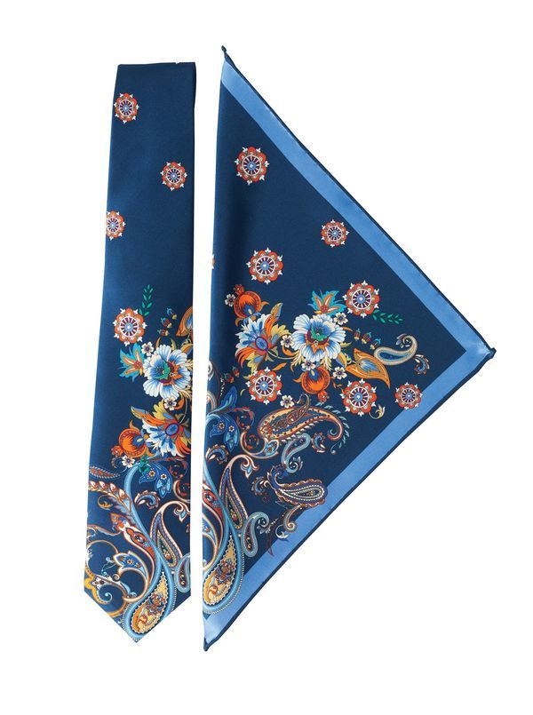 Navy Floral Tie and Pocket Square Set by Silvia Fiorello - Main View