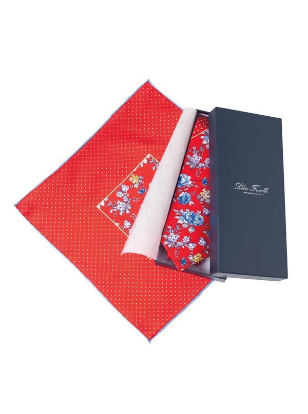 Red Floral Tie and pocket Square Set by Silvio Fiorello - Main View