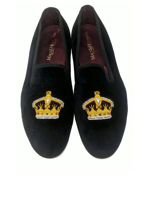 Embroidered Crown Velvet Slippers - Maus & Hoffman